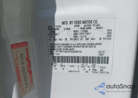 2007 Ford F-150 Stx/Xl/Xlt from USA, damaged, VIN 1FTRF12237NA25014